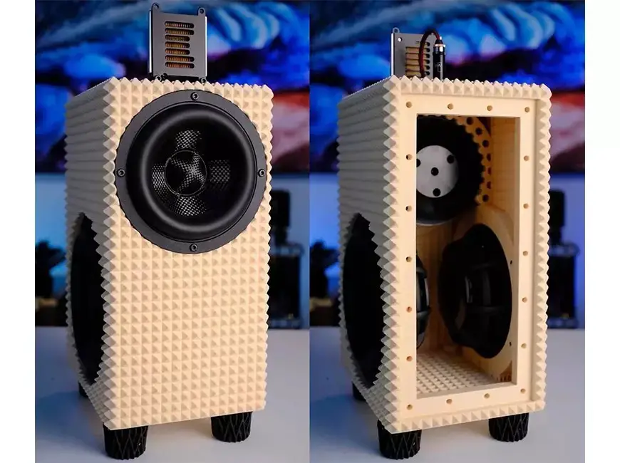 The Virtual HiFi Viper bookshelf speakers feature a Dayton Audio Epique midrange/bass driver with a 150 mm carbon fiber cone with 14 mm linear excursion, supported by two 180 mm passive radiators located on the sides of the cabinet.