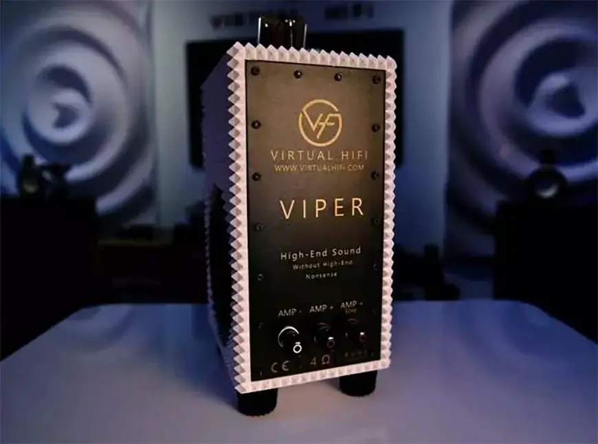 The Virtual HiFi Viper bookshelf speakers are available in a variety of finishes, including black, white, grey, beige and yellow